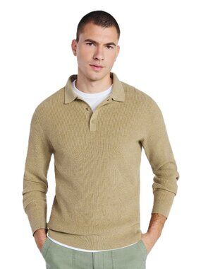 New Men's Free Assembly Cozy Yarn Ribbed Long Sleeve Sweater Polo Size L Camel